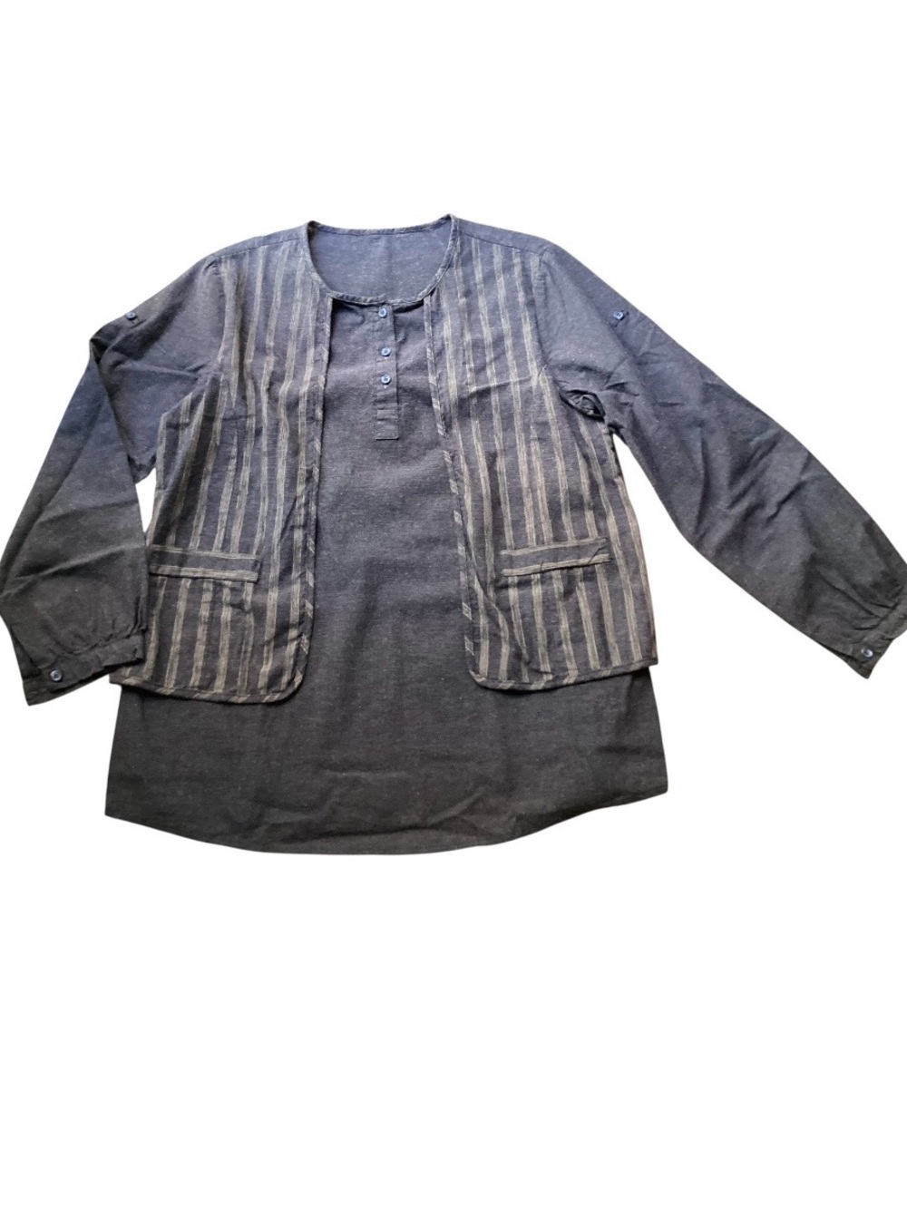 Striped Panel Layered Top in Charcoal Gray